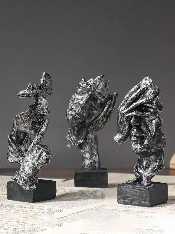 Os rostos silenciosos das pessoas são peças de arte abstratas em resina dourada para decoração de casa, compostas por 3 itens.