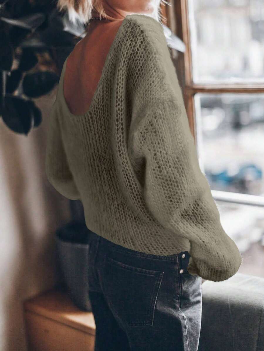 VIBEWAVE Sexy Loose Fit Off Shoulder Hollow Out Lightweight Long Sleeve Sweater For Women, Casual Elegant For Daily & Holiday Wear - Camel - View 1