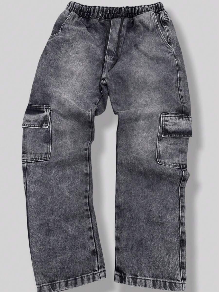 Men's Wide Leg Cargo Jeans And Twill Skate Pants Khaki 6 Pockets Drawstring Closure Unisex - Xám - Xem 1