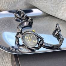 1 件女士简约枪黑色马蹄形表壳彩色表盘金属合金表带石英表，时尚适合日常佩戴 - 黑色 - 查看 5