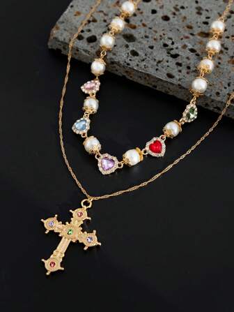 2pcs Vintage Luxury Simple Multicolor Crystal & Faux Pearl Necklace, Men's Fashionable Personalized Charm Cross Jewelry, Adjustable