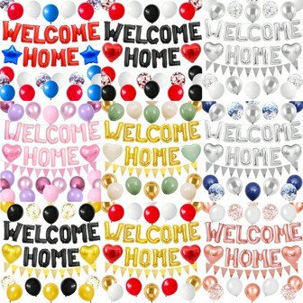 Welcome Home Aluminum Foil Banner With Colorful Confetti Balloons, Red Heart Shaped Balloons, Suitable For Baby Shower, Housewarming Party Supplies