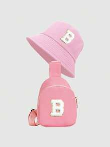 2pcs Set Letter Print Kids Bucket Hat & Minimalist Brim, Fashion Shoulder Diagonal Cross Bag, Suitable For Boys And Girls Everyday Wear - Pink - View 13