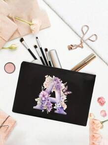 Polyester Zipper Makeup Bag With Flower And Butterfly Letter A-Z Pattern, Elegant Butterfly Design Cosmetic Bag, Coin Purse, Great Gift For Lover And Family, College Dorm Makeup Organizer, Storage Bag, Minimalist Toiletry Bag, Gift Bag, Snack Bag, Mother's Day Gift, Teacher Back To School Gift, Sister Gift, Best Gift For Mother, Birthday Gift - Black - View 9