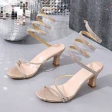 Women's New Summer High Heel Open Toe Crystal Embellished Sandals - Gold - View 6