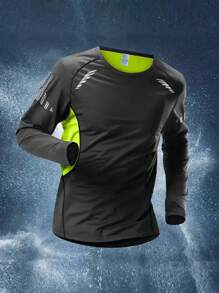 Men's Sports Long Sleeve Shirt - Quick-Dry, Moisture-Wicking, Breathable Mesh Fabric With Green Accents, Round Neck, Suitable For Gym, Running And Outdoor Activities, Activewear - Black - View 1