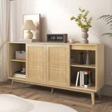 Sideboard With 3 Sliding Doors In Real Rattan And 2 Drawers, 155x38x80 Cm, Breathable, Robust And Versatile