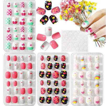 96片糖果图案短款假指甲，预涂胶全套假指甲套装，可爱礼物，适合小女孩美甲装饰