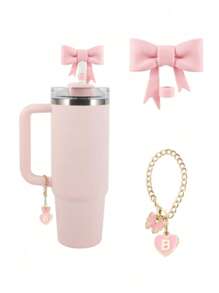 2pcs/Set: 1pc Silicone Bow Straw Topper & 1pc Letter Heart Bow Cup Tag, Fit For 40oz Cup, 10mm Straw Diameter, With Handle Glass Cup, Cute Pink Butterfly Decoration, Back To School Supplies