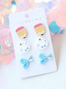 3 paires de boucles d'oreilles en acrylique et en argile polymère aux designs crayon, palette, ciseaux pour la Fête des enseignants/la rentrée scolaire/la saison de remise des diplômes - Des boucles d'oreilles mignonnes et amusantes, cadeau pour les fêtes - crayon palette ciseaux - Voir 3
