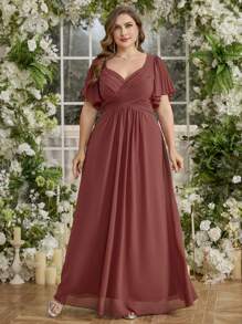 V-Ausschnitt Rüschenärmel langes Chiffon Brautjungfernkleid, einfarbig