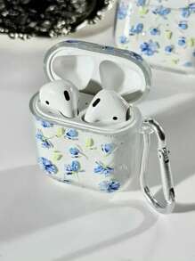Flower 1pc Blue & Ditsy Floral TPU Scratch-Resistant Earphone Case With Carabiner, Compatible With Apple Earphone Models - Blue Flowers - View 2