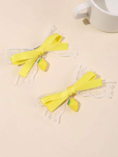 1pc/2pcs Women Fashion Elegant Simple Yellow Lemon Pendant Bow Lace Pearl Hair Clip, Suitable For Daily Wear In Spring And Summer