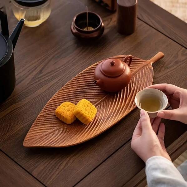 Acacia Wood Leaf-Shaped Serving Tray With Handle - Versatile Antique Finish Decorative Plate For Breakfast, Desserts, Bread & Snacks - GOXAWEE