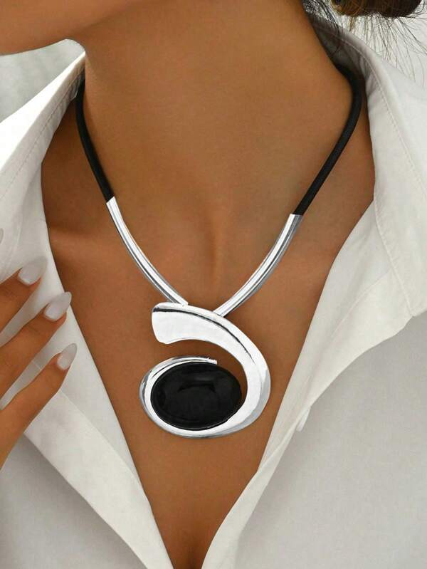 1pc Fashionable Y-Shape Necklace For Women, Vintage Creative Personalized Comma & Snail Acrylic Inlay Oval Pendant On Black Cord Choker, Versatile Daily Accessories