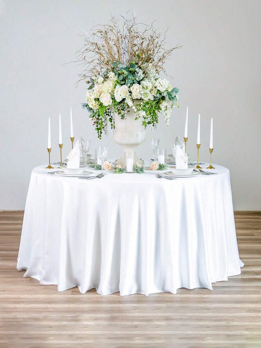 1 件白色圆形缎面桌布，婚礼优雅桌布，带褶边，直径 145/180/200/228 厘米涤纶桌布，婚礼装饰，订婚仪式用品，新娘送礼会用品，新娘派对餐桌装饰，宴会餐桌配件，1 岁生日派对装饰，迎婴派对用品，性别揭晓派对装饰，室内外活动装饰，野餐用品，节日派对用品，日常家居装饰，厨房用品，桌面装饰