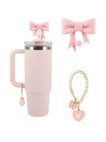 2pcs/Set: 1pc Silicone Bow Straw Topper & 1pc Letter Heart Bow Cup Tag, Fit For 40oz Cup, 10mm Straw Diameter, With Handle Glass Cup, Cute Pink Butterfly Decoration, Back To School Supplies