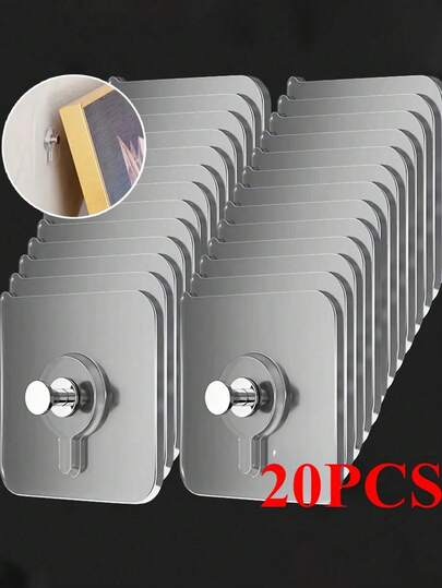 20 piezas Ganchos de uso múltiple de montaje en pared contemporáneos - Fácil instalación, adhesivo fuerte, sin perforación, colgadores de plástico impermeables para cuadros, marcos, carteles, relojes en la cocina y el baño