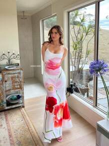 Women Backless Floral Maxi Dress For Beach Vacation - White - View 7