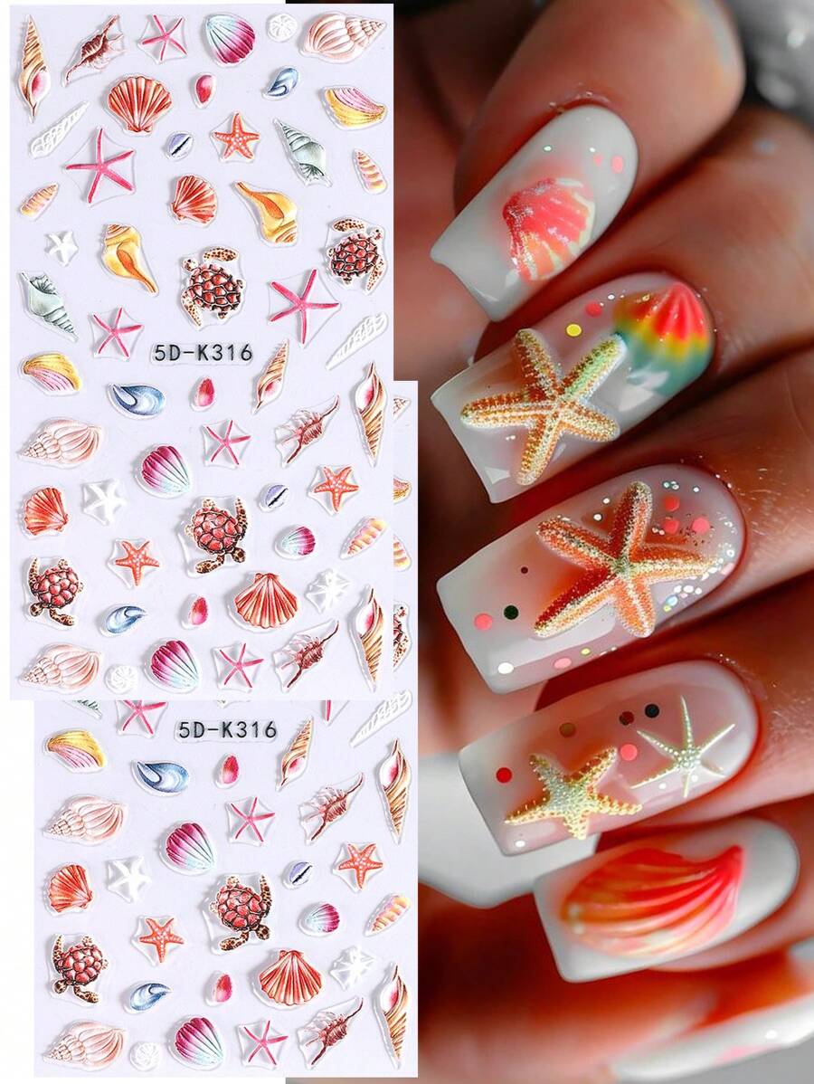 2pcs Summer Beach 3D Nail Art Sticker Sea Shell Starfish Turtle Ocean ...