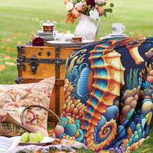Seahorse Fish And Sea Grass Design Outdoor Digital Printing Blanket In Orange Tones For Coastal Escapes And Outdoor Leisure Activities - Multicolor - View 7