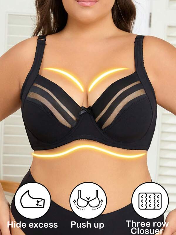 1pc Plus Size Women's Underwire Lace Bra, Supportive, Plunge, Adjustable Straps, Full Coverage, Romantic French Style