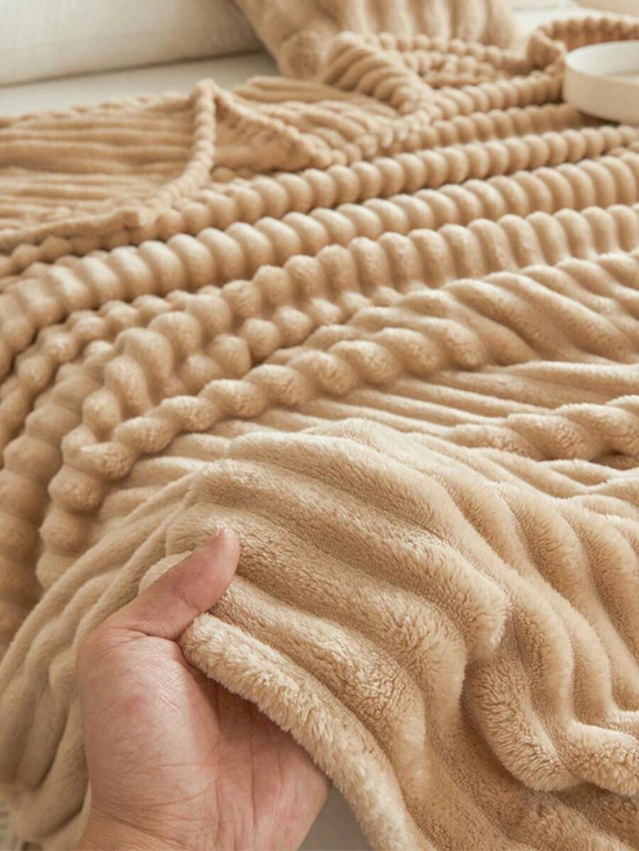 1 件乳白色焦糖条纹毛圈布和超细纤维柔软舒适毛毯，适用于卧室和客房 - 杏色 - 查看 1
