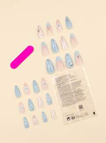 24pcs White Flowers Press On Nails Summer Model Fake Nails Beach Sea Wave Nails Art Shell False Nails Short Oval Shape Press On Nails Manicure Set Includes 1sheet Adhesive Tabs & 1pc Mini File Perfect For Everyday Wvear