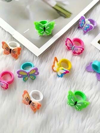10pcs/Set Colorful Butterfly Finger Rings, Silicone Party Decorations Rings, Birthday Party Favors