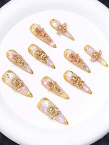 10 pezzi Set di unghie finte estive e primaverili fatte a mano, con fiori 3D e decorazioni di angeli, linee di arte, unghie a stiletto lunghe, con punte french lucide, accessori per manicure, design per unghie goth, unghie cromate, adatte per donne, ragazze e madri