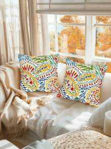 1/2/4pcs, Polyester, Outdoor Throw Pillows With Inners, All Weather Patio Pillows Set Of 2, Square Pillows Decorative For Home Garden Furniture, Paisley Mult, Single-Sided, No Pillow Core - Yellow - View 4