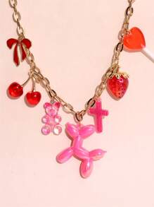 1 pieza Collar colgante con diseños de fresa roja y rosa, cereza, lazo, oso, paleta y perro - Regalo de joyería divertida para mujeres apta para verano, citas y fiestas