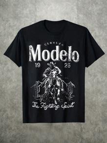Camisa para hombres 1Pcs 100% algodón 220g Impresión digital Las palabras "CERVLZA", "Modelo" y "The Fighting Spirit" y la ilustración de un vaquero en un caballo expresan la cultura de la cerveza mexicana y un espíritu de lucha - Negro - Ver 1