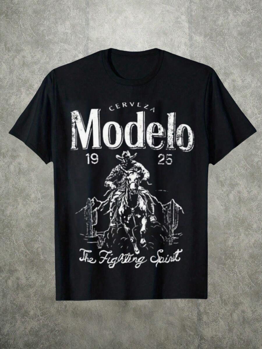 Camisa para hombres 1Pcs 100% algodón 220g Impresión digital Las palabras "CERVLZA", "Modelo" y "The Fighting Spirit" y la ilustración de un vaquero en un caballo expresan la cultura de la cerveza mexicana y un espíritu de lucha - Negro - Ver 1