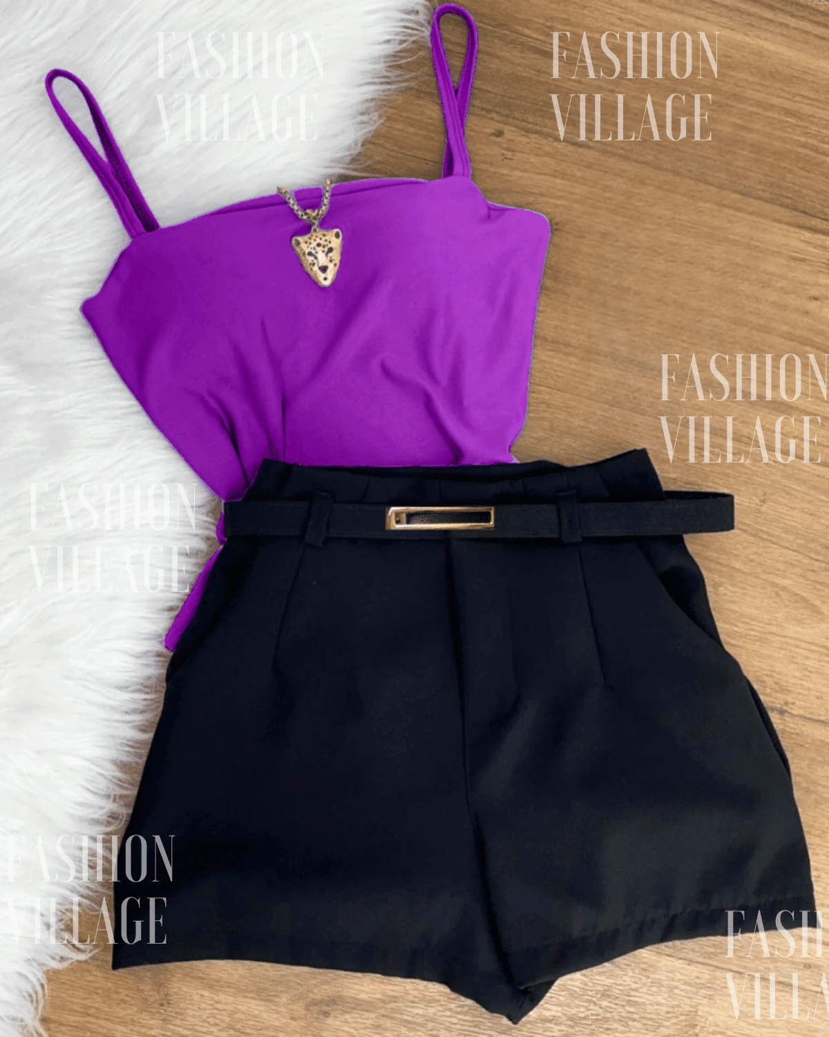 Set 2 A Bodysuit With Straps + Black Shorts With Belt Inspiration Fashion Blogger - 紫色 - 查看 1