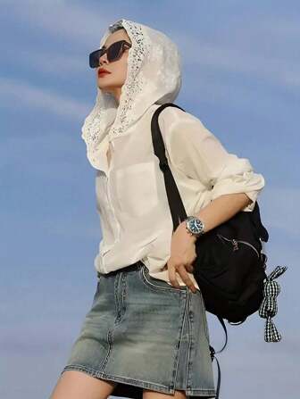 Kvinnors massivt vävt tyg Spetspanel Skir luvtröja med fickor