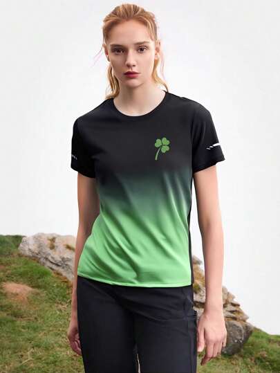 1 件女式运动短袖数字渐变印花 T 恤，适合跑步、健身、户外露营、徒步旅行、休闲、加大码、夏季