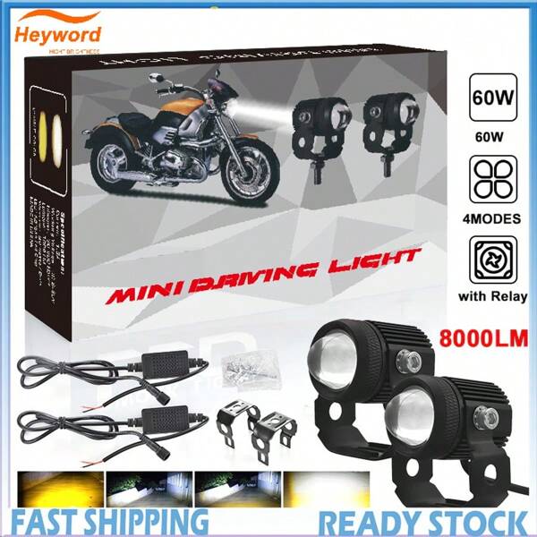 Heyword Motorcycle Auxiliary LED Light Driving Spotlights White/Amber Fog Lights With Mount Brackets Wire Harness Waterproof Offroad Work Lights Compatible With Motorcycle Car Truck 40W Driving Lamps