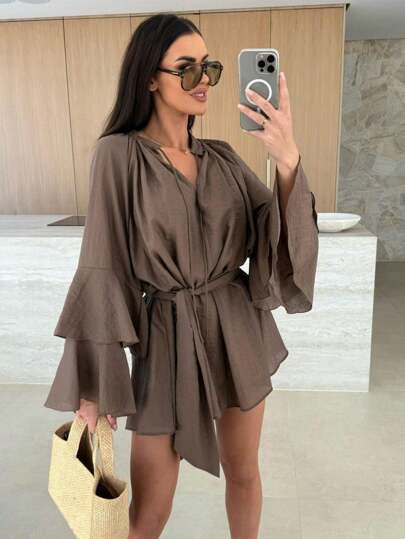Fashionable Solid Color V-Neck Asymmetrical Tie-Up Long Sleeve Loose Mini Dress