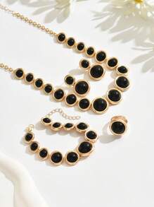 三件套奢华复古几何镀金合金仿烟晶长方形大宝石项链耳环戒指首饰套装，优雅适合派对、通勤、约会等场合。 - 金黃色+透明灰 - 查看 3