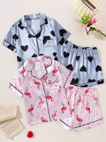 2pcs/Set Tween Girls Summer Ice Silk Top & Shorts Pajamas Set - Multicolor - View 1