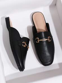 女士方头一脚蹬穆勒鞋，2025 休闲优雅法式平底休闲乐福鞋 - 黑色 - 查看 4