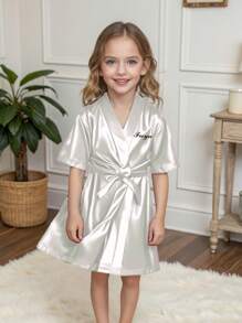 1pc Personalized Children Satin Long Robe, Customized With Embroidered Letter/Name, Functional Casual, Breathable, Sleepwear, Bathing, Elastic, Homeware, Cooling, Comfortable, Suitable For Wedding Flower Girl, Kids, Girls, Spa Birthday Party,Multi-Functional,Ornamental,Letter,Stylish,Modern,Colorful,Cute,Adorable,Casual,Custom,Personalised,Unique,Customized,Ideal Gifts For Him,Ideal Gifts For Her,Kids,Gala Night,Travel, School - Multicolor - View 4