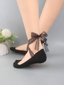 1 双女式系带芭蕾平底隐形薄袜，防滑透气吸湿排汗隐形袜子 - 黑色 - 查看 5