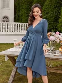 UNITHORSE UNITHORSE Fabric V-Neck Lantern Sleeve Luxury Embroidered Shoulder Design Gored Dress A-Line Midi Dress For Bridesmaids