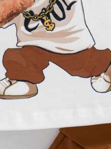 幼儿男童卡通熊印花短袖上衣 + 假口袋休闲工装裤套装 - 棕色 - 查看 7