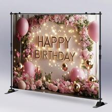 1 Pc Elegant Pink Balloon Birthday Backdrop, With Floral Wreath And Golden Accents - Made Of Polyester Fabric, Ideal For Social Gatherings, Photography And Celebrating Special Occasions, Birthday Party Decoration