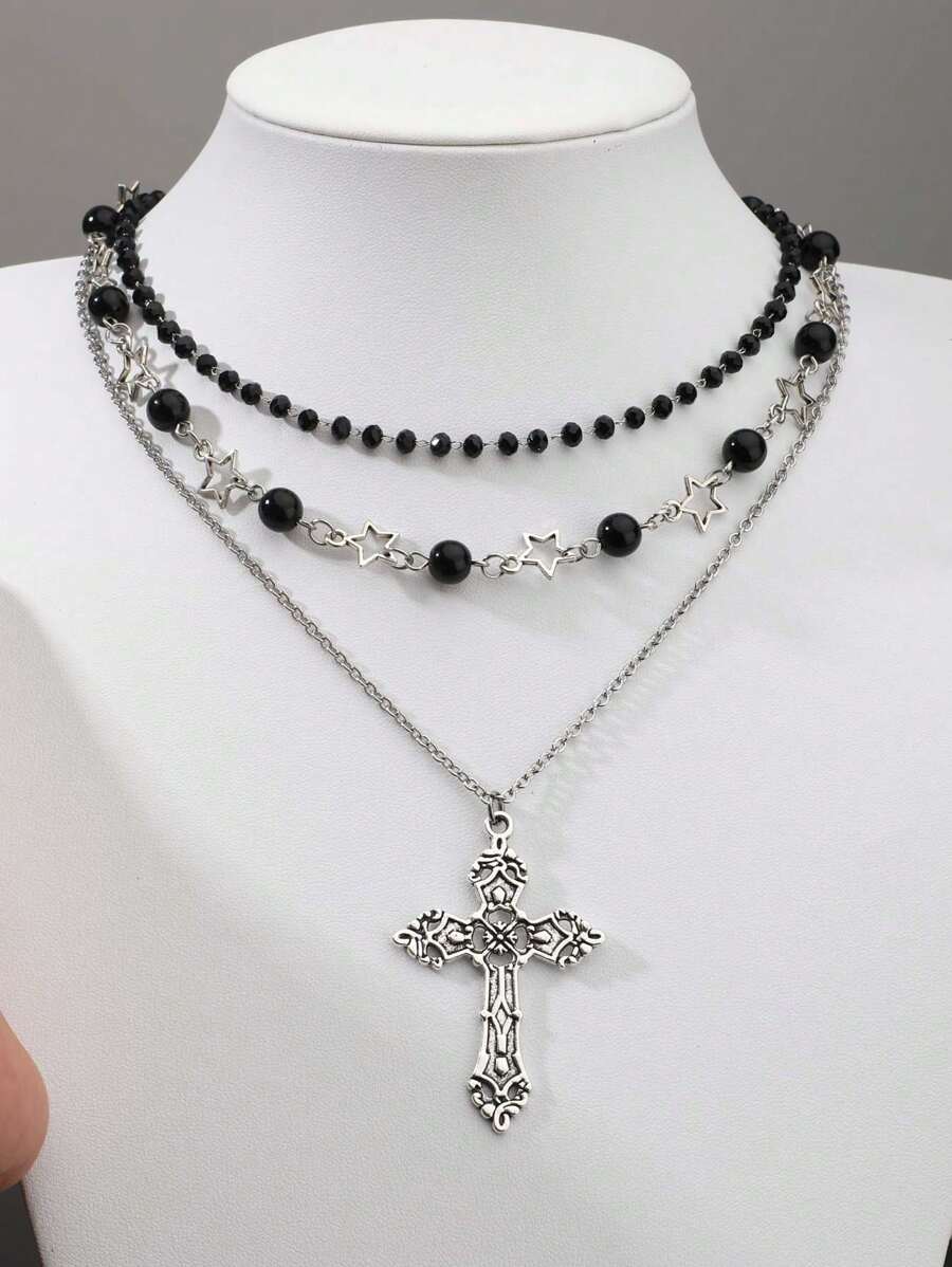 Set de 3 bucăți de colier în stil boem, cu stea, cruce, perlă neagră, margele de cristal și pandantiv inimă, bijuterii de inspirație gotică și hipster.
