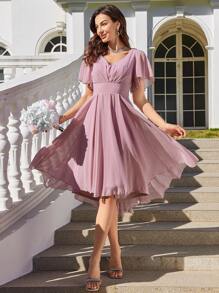 UNITHORSE Robe de femme à encolure en V, manches à volants, taille serrée, robe longue pour cocktail, soirée, faite de tissu, robe de demoiselle d'honneur - Rose bonbon - Voir 6