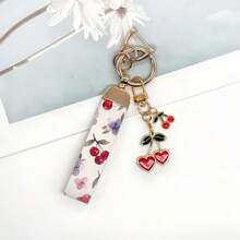 Love Cherry CP Is Coming! 1 Piece Of Cherry Pattern Leather And Alloy Metal Hanging Rope Keychain With Unique Heart And Pearl Pendants, Hanging Car, Door Keys, Bags, Fashionable And Practical! - Multicolor - View 6